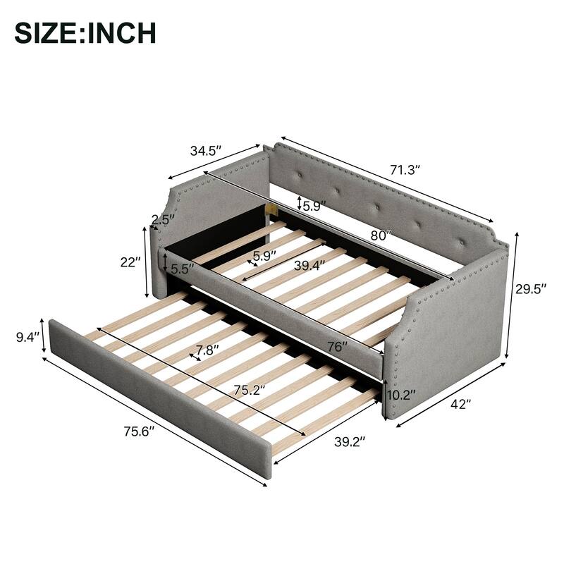 Twin Daybed with Trundle, Upholstered Frame, Wood Slats, Sofa Bed with Extra Sleeping Space