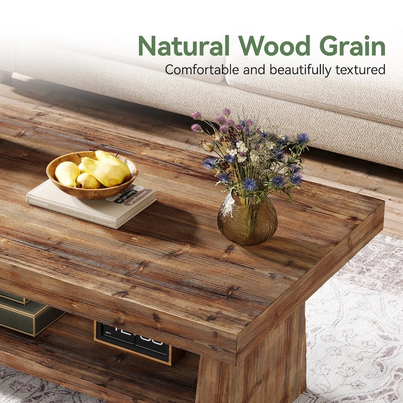 2 Tier Solid Wood Coffee Table for Living Room, 47 Inch Rectangular Center Table with Storage Shelves