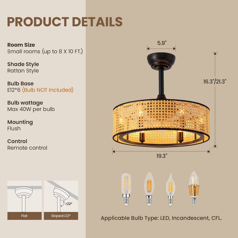 19" Rattan Caged Ceiling Fan With Lights And Remote, 6-Light Boho Woven Round Chandelier Ceiling Fan With Light - 19''-6 Lights