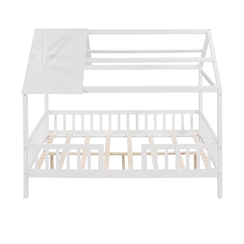 White Full Size Wooden House Bed with Fence and Roof