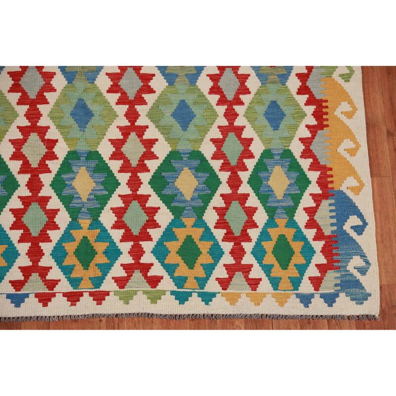 Hand Woven Oriental 100% Wool Carpet Southwestern Geometric Multi-Colored Kilim Area Rug - 8' 5'' X 6' 0''