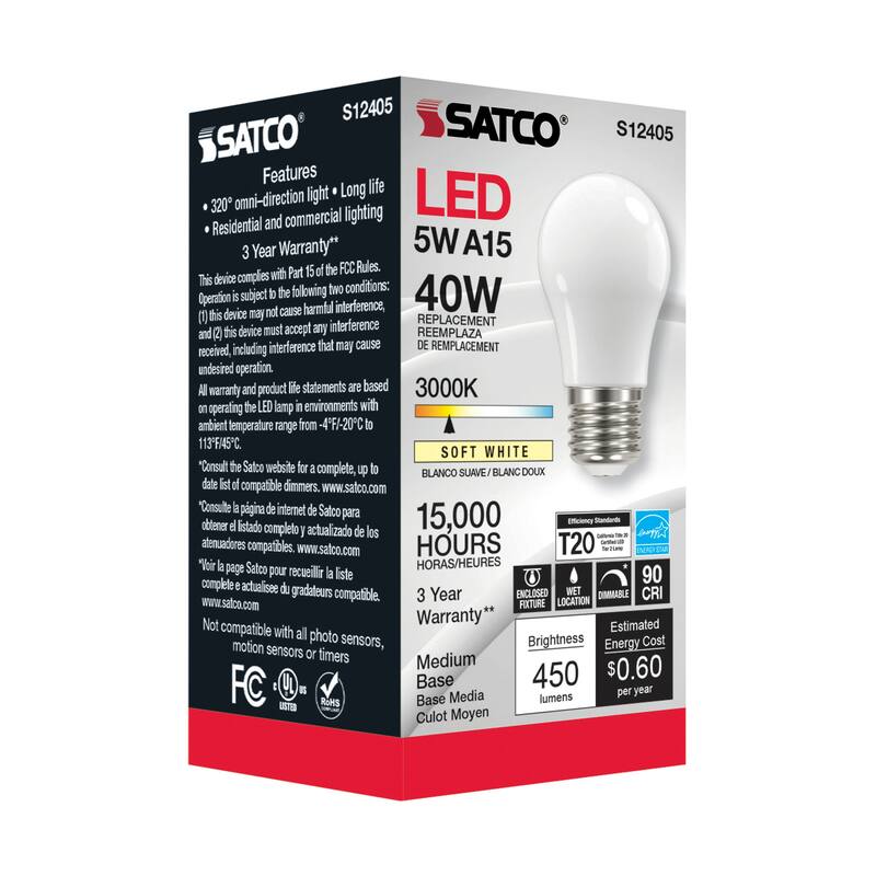 5 Watt LED A15 Soft White 3000K Medium base 90 CRI 120 Volt - N/A
