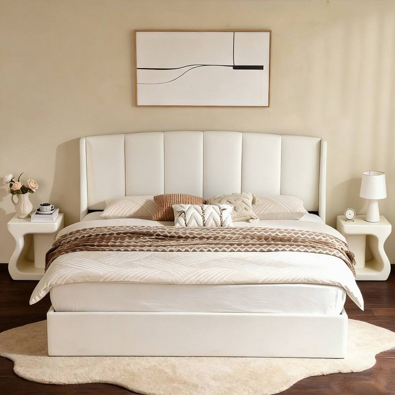 Linen Wingback Hydraulic Lift Up Storage Upholstered Platform Bed - White - King