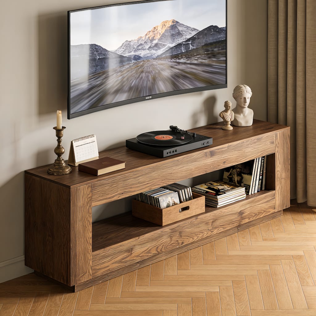 70.86" Solid Wood TV Stand Console with Open Shelves