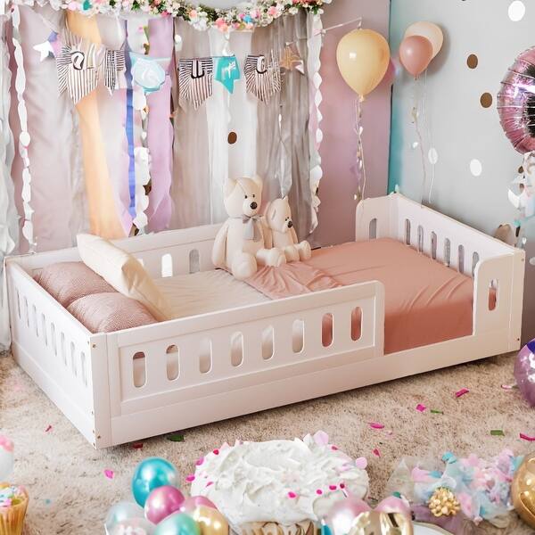 slide 2 of 13, Soild Wood Twin Size Platform Bed with Guardrail and Semi-enclosed Fence for Kids White