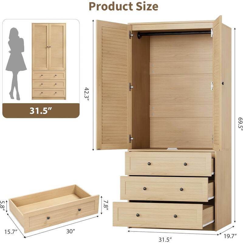 Garvee Louvered Door Armoire Wardrobe Closet with Drawers, 69.5" Wooden Wardrobe Cabinet with Hanging Rod