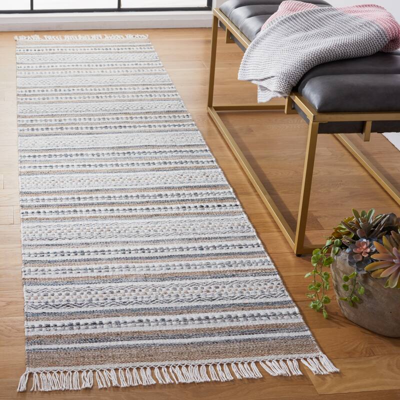SAFAVIEH Striped Kilim Margitte Boho Fringe Rug - 2'3" x 9' Runner - Grey/Ivory