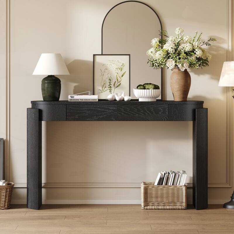Oval Top and 2 Drawers Entryway Table with Natural Wood Grain Finish - Black