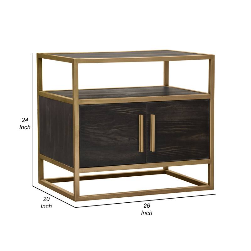 Chek 26 Inch Side Table Nightstand, 2 Doors, 1 Shelf, Dark Brown, Gold Steel
