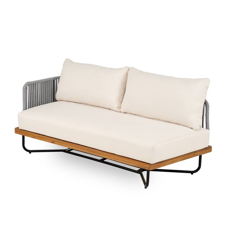 Roomfitters Outdoor Acacia Wood Rope Woven Sofa Sectional Set with Cushions, Beige