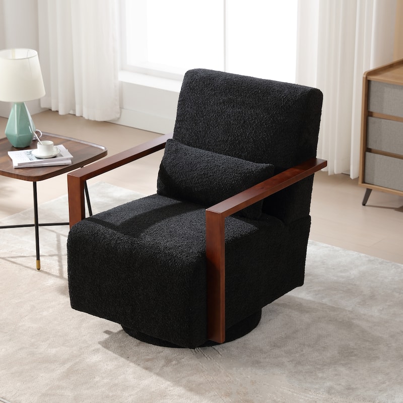Mid-Century Boucle Upholstered Swivel Armchair With Pillow