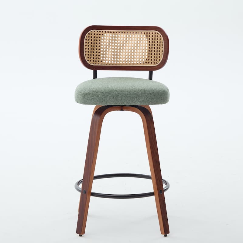 Linen Upholstered Swivel Bar Stools Set of 2, Counter Height Bar Stools with Rattan Back, Kitchen Island Chairs with Footrest - Light Green