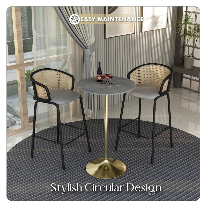 LeisureMod Verve 27" Bar Dining Table with Sintered Stone Round Top in Gold Steel, Gold Marbleized
