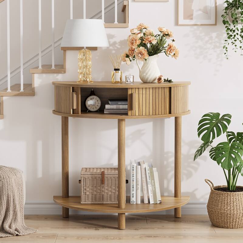 31.5" Farmhouse Grooved Half-Moon Console Table for Living Room, Hallway, Entryway or Foyer - Walnut