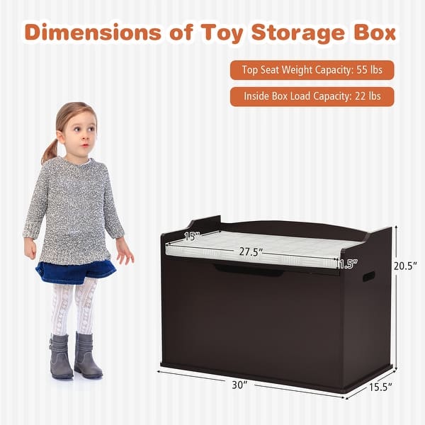 dimension image slide 2 of 3, Costway Kids Toy Box Wooden Flip-top Storage Chest Bench W/ Cushion