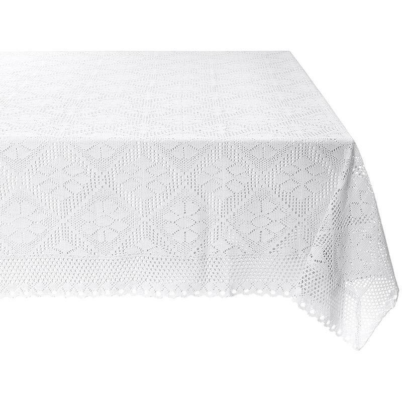 Violet Linen Stars Crochet Vintage Lace Pattern Tablecloth - 60" X 105" - White