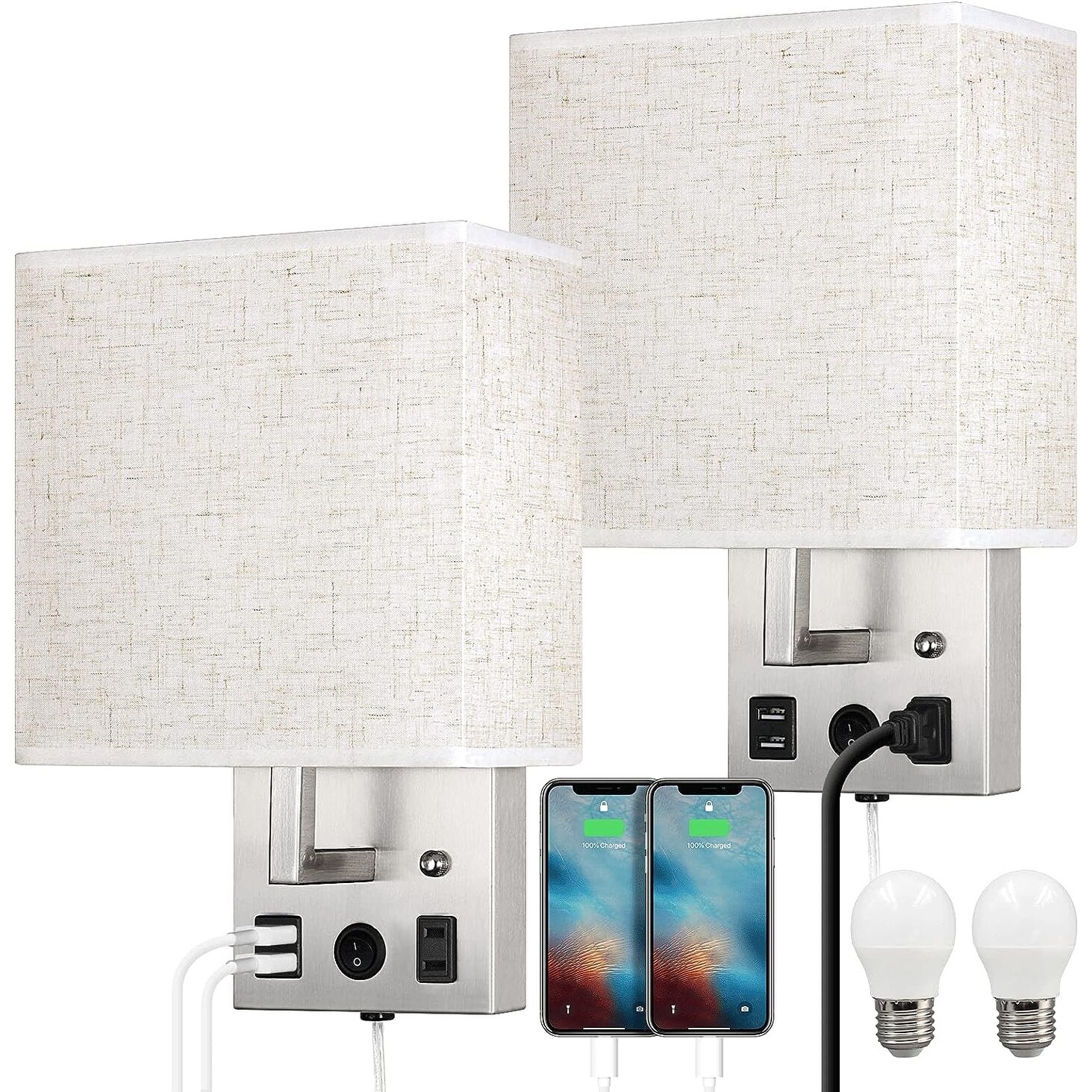 Set of 2 Wall Lamp with USB Charging Ports and AC Outlet Socket On Sale Bed Bath Beyond 39907090