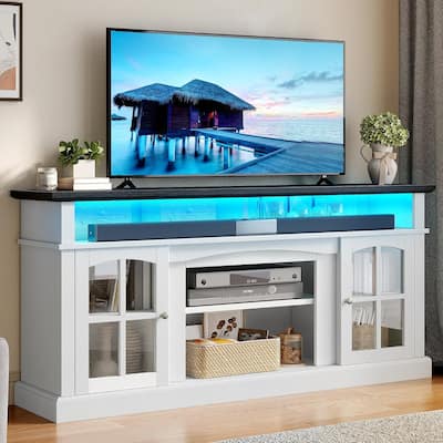 Moasis Farmhouse LED Lights TV Stand with Glass Doors, Entertainment Center w/Shelves for Living Room for TVs up to 65"