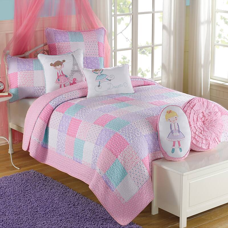 Cozy Line Angelina Floral Pink Patchwork Reversible Cotton Quilt Bedding Set - Queen