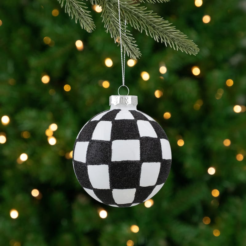 4ct Black White Zig Zag Checkered Christmas Glass Ornaments 2.75"