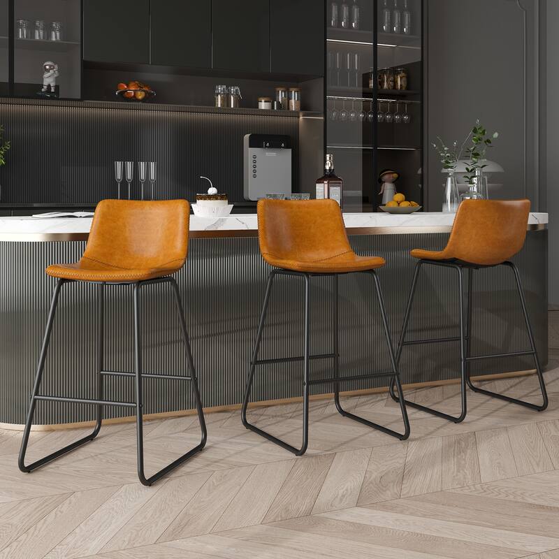 26" Counter Height Bar Stools, Modern PU Leather Counter Stools Set of 3 - Brown - Counter Height