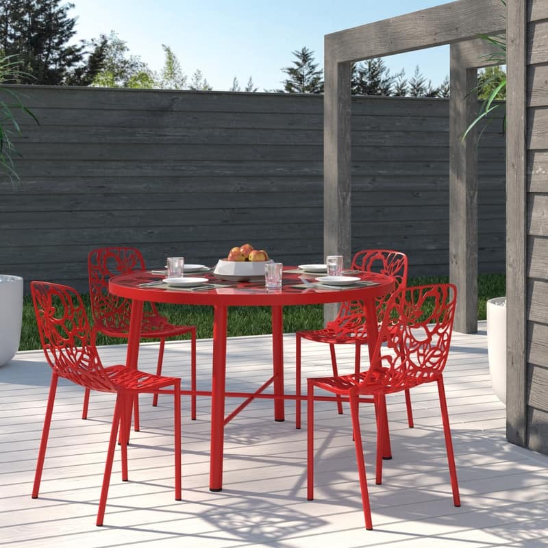 Devon Stackable Outdoor Aluminum Dining Chair with Floral Cutout, UV-Protected, Weather-Resistant Patio Seating - Red