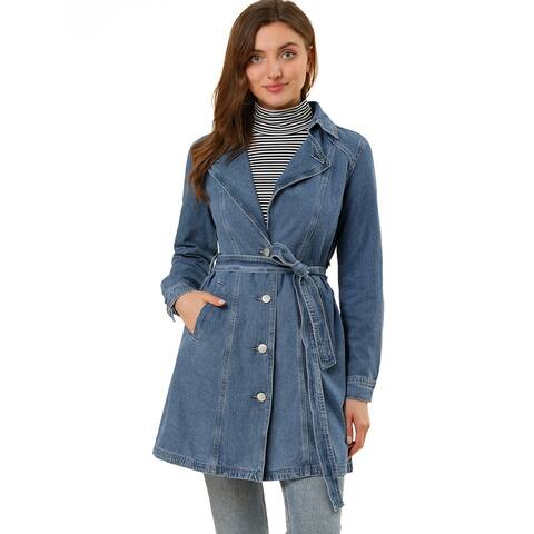 Women's Notched Lapel Belted Trench Long Jean Denim Jacket