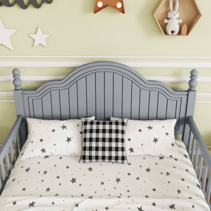 Gray Twin Size Wood Platform Bed with Headboard and Footboard for Kids, Low Profile Design with Safety Guardrails