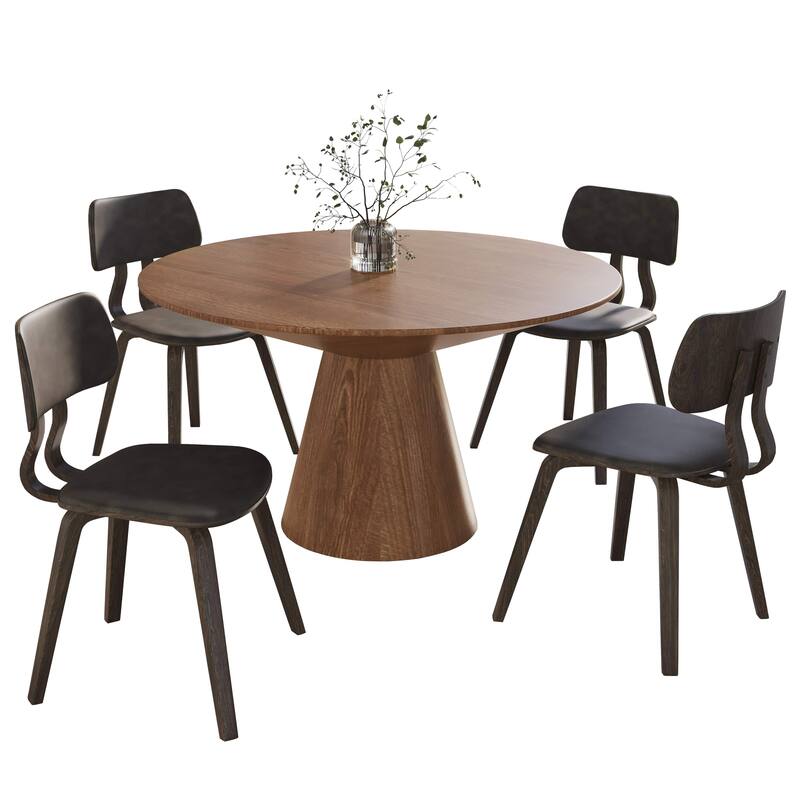 5-Piece Dining Set with 47-Inch Round Ash Wood Dining Table and 4 Leather Accent Side Chairs - Dark Walnut/Brown