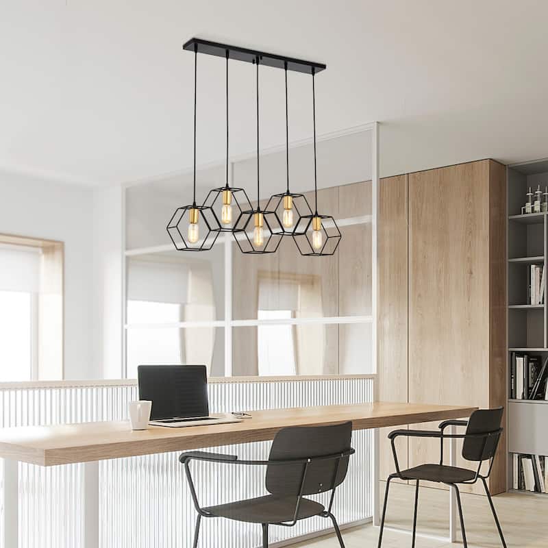 Berenice 33 Inch Clean Modern Industrial Style Matte Black and Satin Gold Finish Ceiling Lighted Chandelier 5-Light - N/A