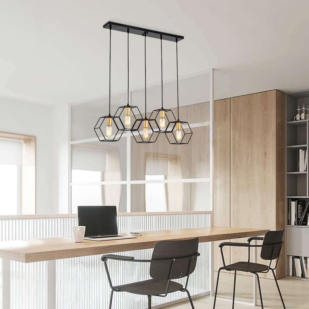 Berenice 33 Inch Clean Modern Industrial Style Matte Black and Satin Gold Finish Ceiling Lighted Chandelier 5-Light