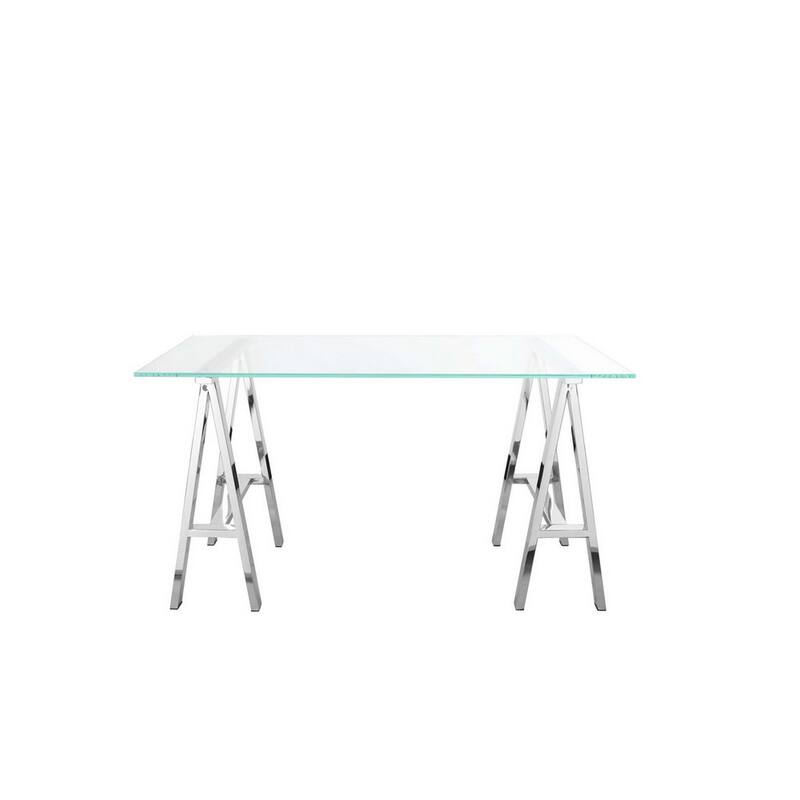 Rani 55 Inch Office Desk, Tempered Glass Top, Modern Chrome Steel Frame
