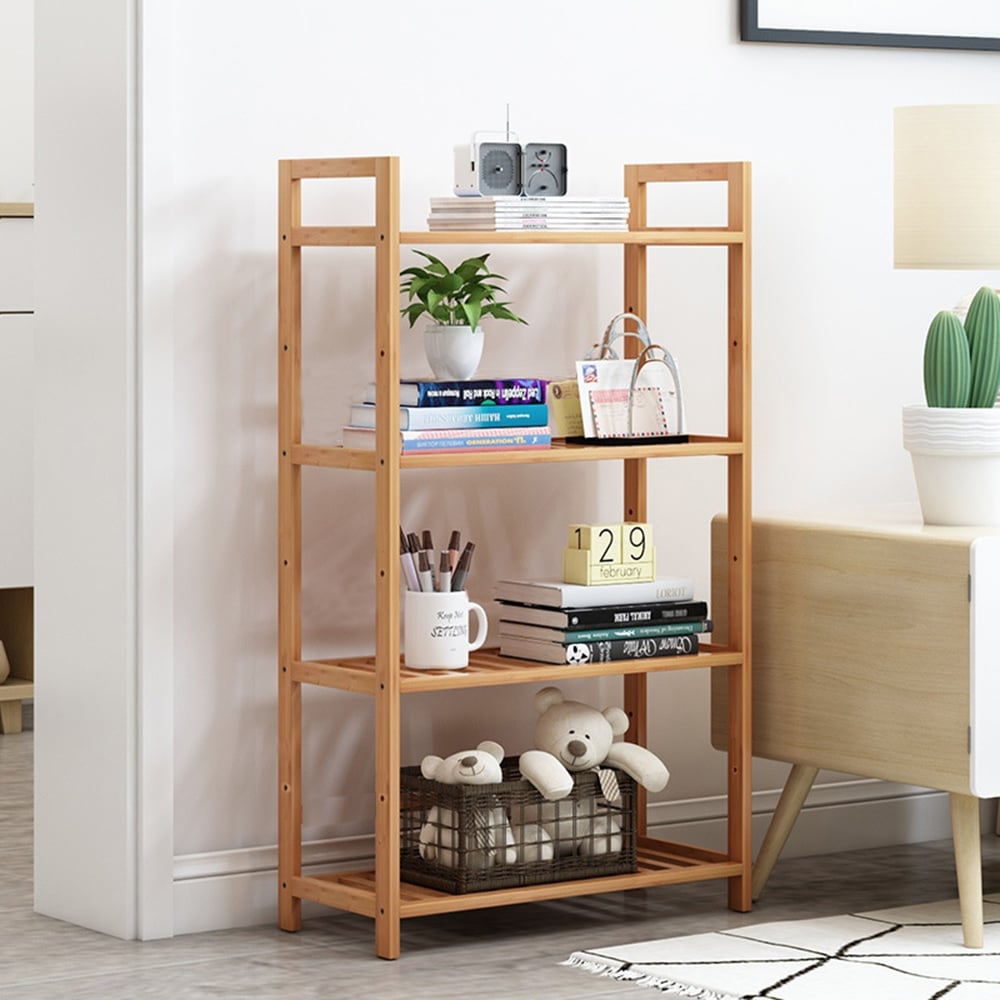 4 Tiers Bamboo Wood Storage Rack Kitchen Shelving Bookshelf - 26.46x9.84x38.97in