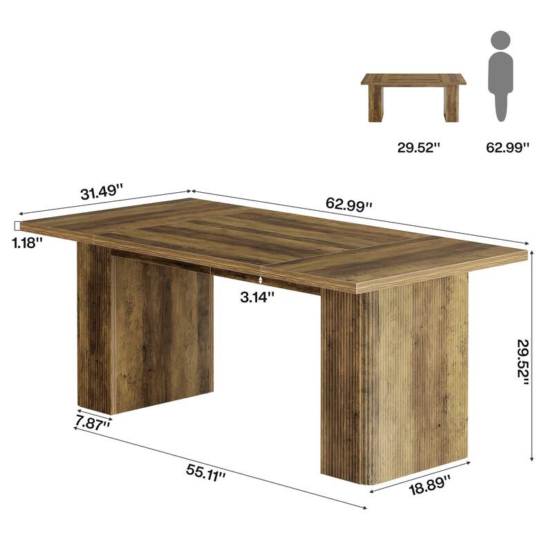 Farmhouse Dining Table for 4-6, 63-Inch Rectangle Kitchen Table with Double Robust Pedestals