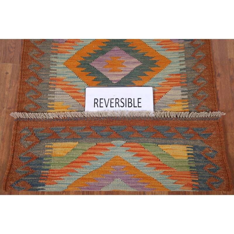 Hand Woven Oriental 100% Wool Carpet Southwestern Geometric Multi-Colored Kilim Runner Rug - 7' 6'' X 2' 5''