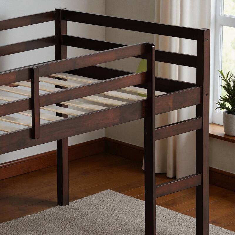 Solid Wood Twin Loft Bed with Ladder, Rubber Wood Frame Low Height Design with Guard Rails and Storage Space