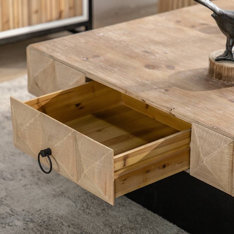 Square Coffee Table With Drawers Three-Dimensional Embossed Pattern 220lbs Load Capacity Side End Table Home Furniture
