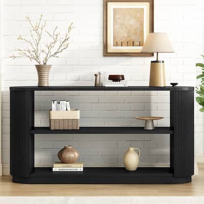 3-Tier Hallway Entryway Table, Multi-Functional Sofa Table wCurved top & Open Storage Shelf, Wooden Veneer Console Table