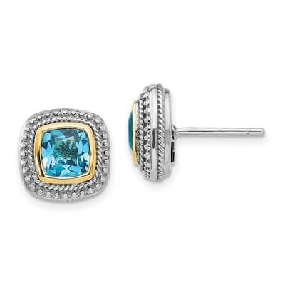 Curata 925 Sterling Silver With 14k 11mm Bezel Blue Topaz Earrings