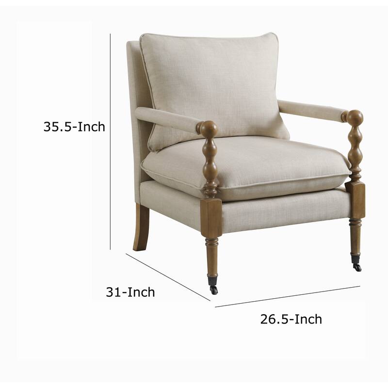 Fabric Upholstered Wooden Accent Chair with Manchette Armrest, Beige and Brown