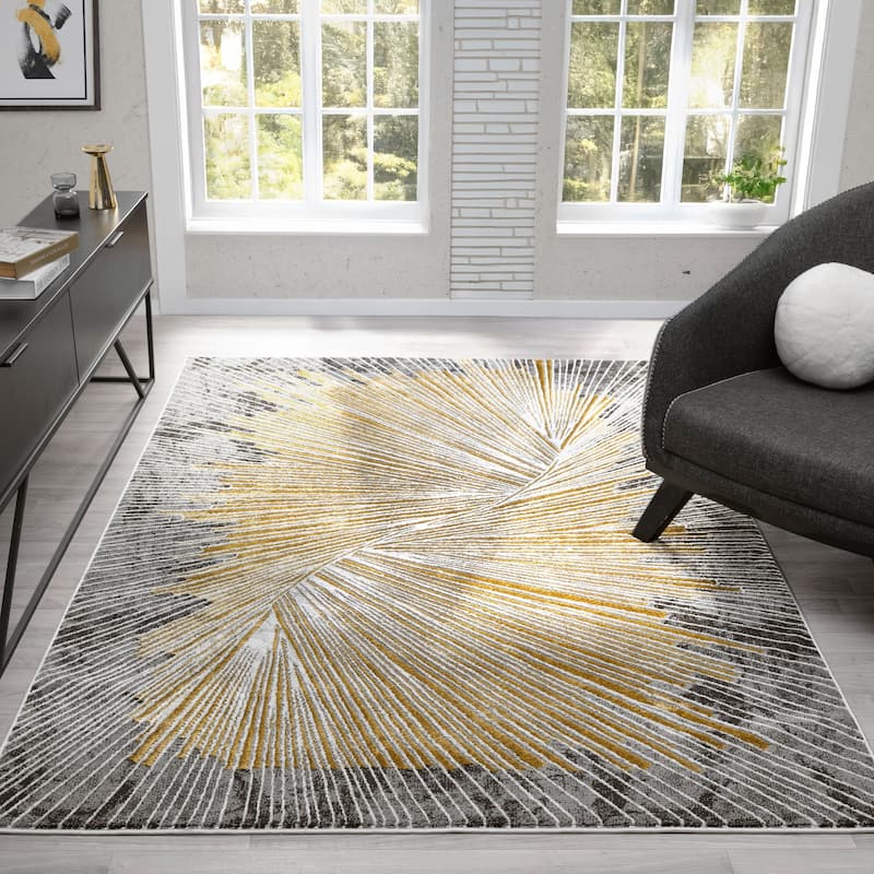 Mila Collection Geometric Dark Grey with Gold and White ContemporaryArea Rug