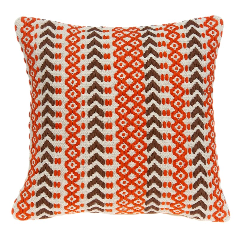 Geometric Embroidered Square Cotton Throw Pillow - 20" - Orange and Brown