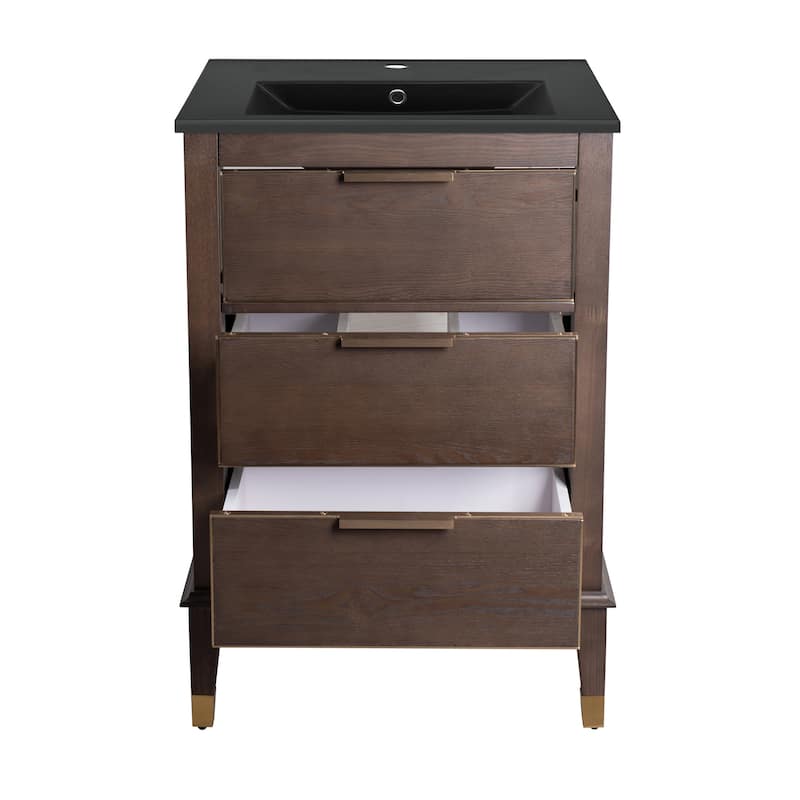 Hugo 24 In. Brown Oak Bathroom Vanity With Black Ceramic Sink Top