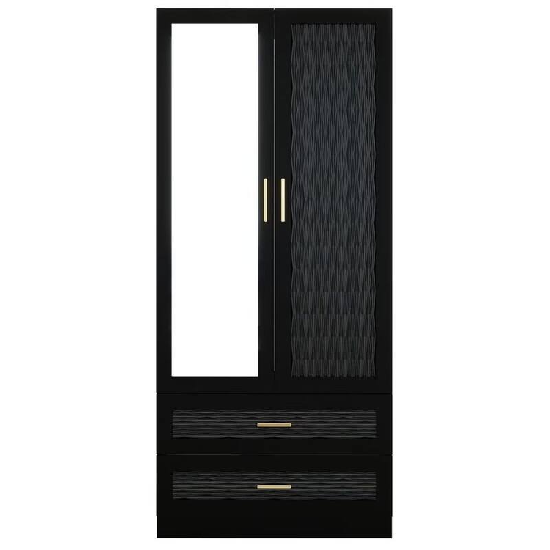 HomeRoots 71" Black Carved Geometric And Mirrored Two Door Two Drawer Combo Dresser