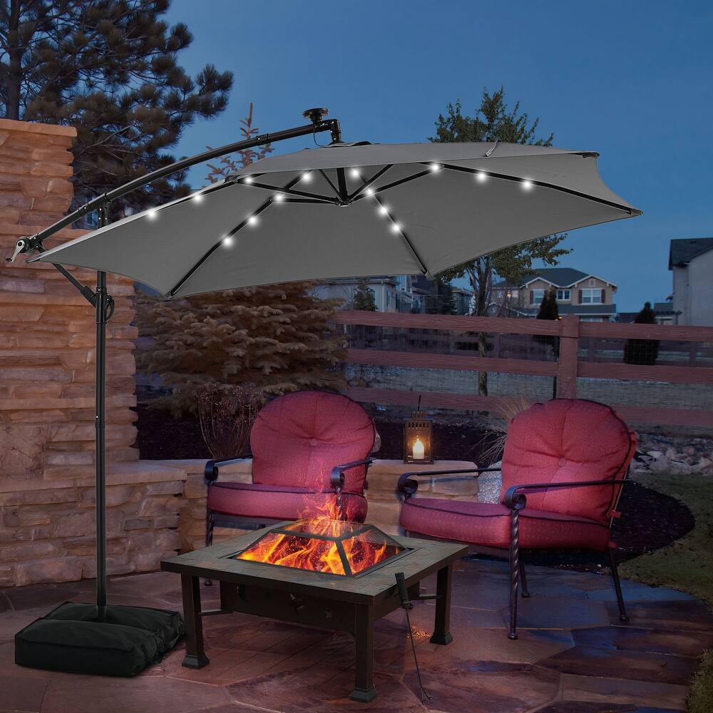 Ainfox 10 ft. Patio Offset Solar LED Umbrellas Cantilever Outside Umbrellas with Base