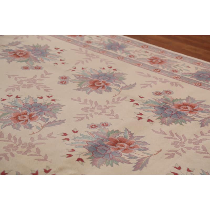 Floral Ivory Aubusson Chinese Area Rug Hand-Knotted Wool Carpet - 9'1"x 12'1"