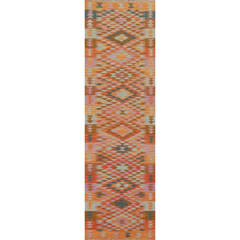 Hand Woven Oriental 100% Wool Carpet Southwestern All-Over Multi-Colored Kilim Runner Rug - 11' 6'' X 2' 10''