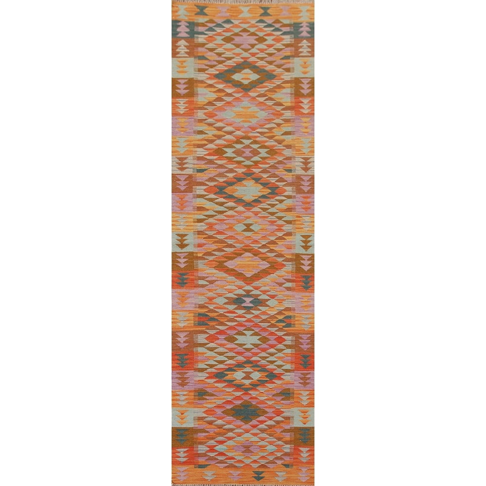 Hand Woven Oriental 100% Wool Carpet Southwestern All-Over Multi-Colored Kilim Runner Rug - 11' 6'' X 2' 10''