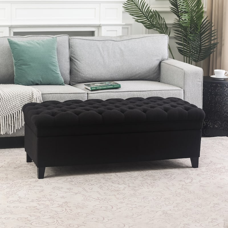 Adeco Linen Rectangle Storage Ottoman for Living Room Bedroom - Black