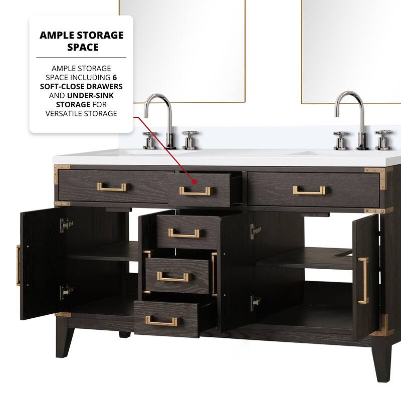 Laurel 60 in W x 22 in D Black Oak Double Bath Vanity, White Quartz Top, Faucet Set, and 28 in Mirrors